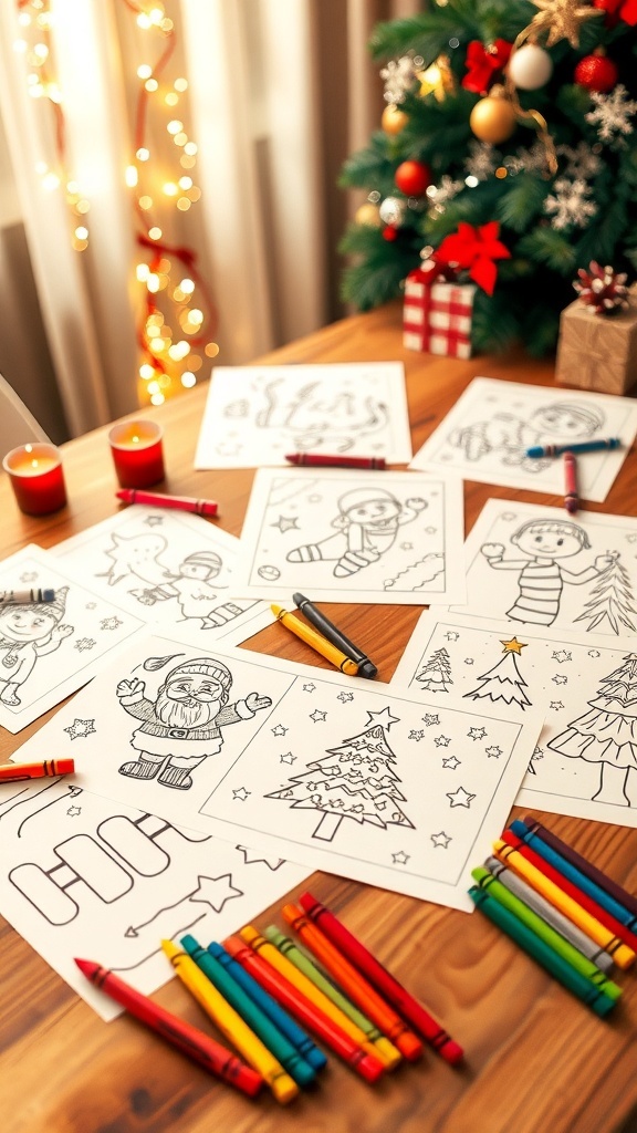 Printable Christmas coloring pages on a table with crayons, featuring Santa, Christmas trees, and snowflakes.